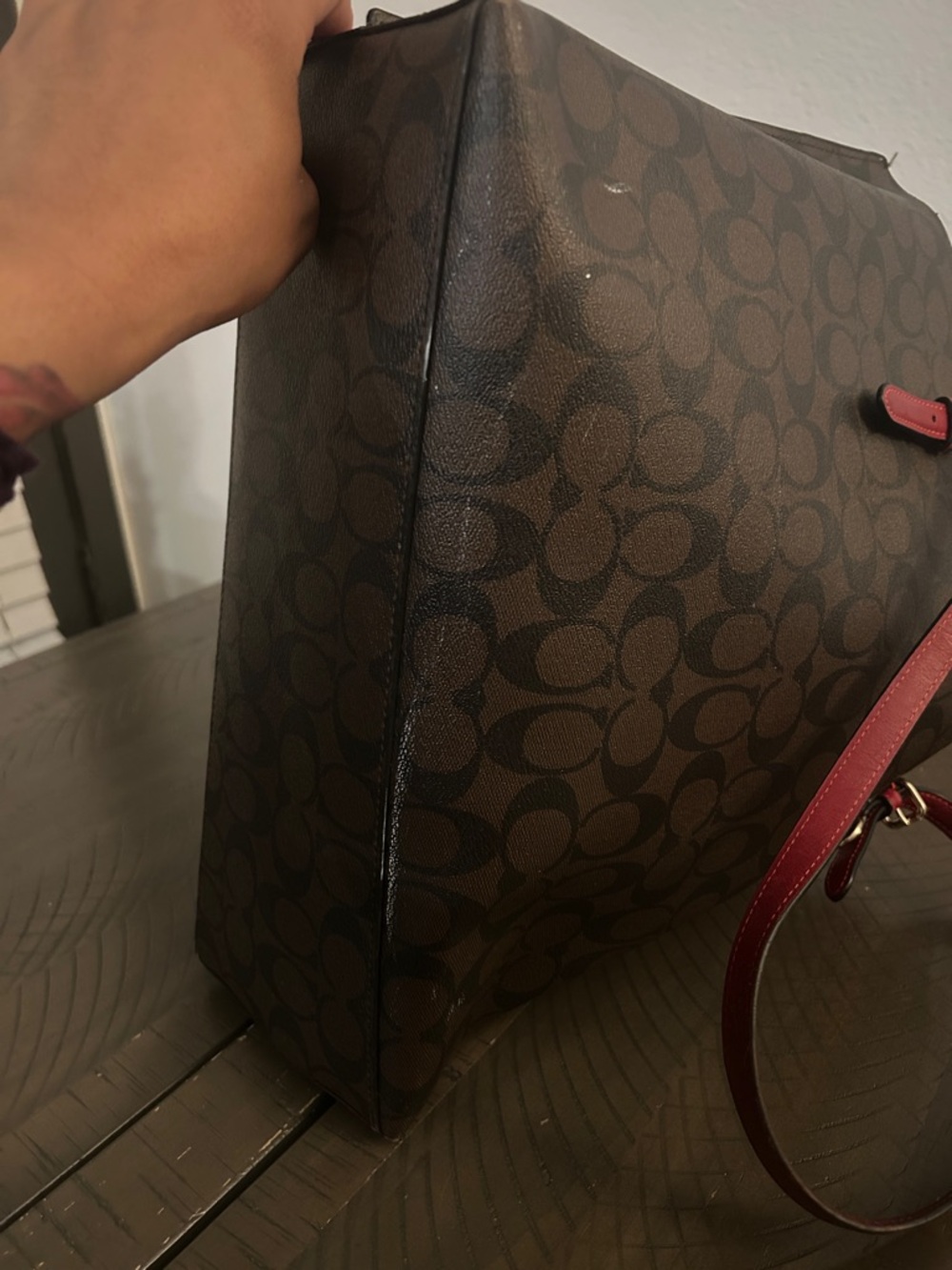 Coach Brown Signature Tote with Red Leather Straps - Picture 7 of 11